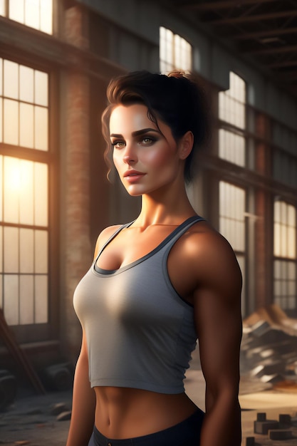 A beautiful brunette in skintight clothing in an abandoned shed Generative AI_2