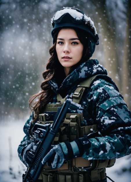 A beautiful brunette soldier girl wearing winter camo military gear camo plate carrier rig combat