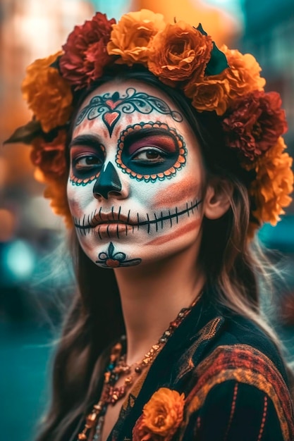 A beautiful brunette with a stylized makeup of La Katrina maskthe day of the dead