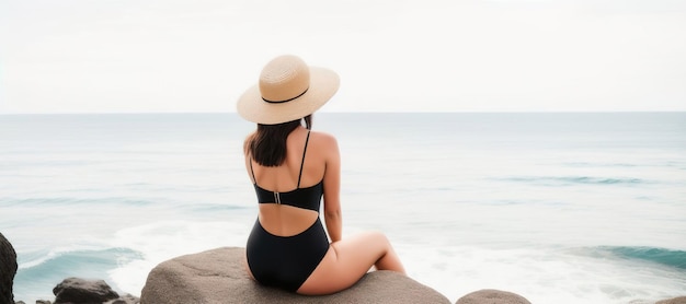 A beautiful brunette woman dressed in a black swimsuit and a widebrimmed straw hat sits on the ocean rear view unrecognizable face Generative AI