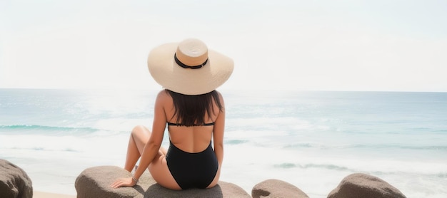 A beautiful brunette woman dressed in a black swimsuit and a widebrimmed straw hat sits on the ocean