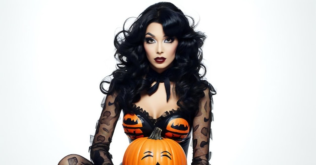 Photo beautiful brunette woman in halloween costume with pumpkins