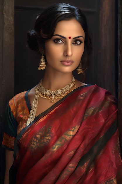 Beautiful brunette woman in indian sari Fashion shot