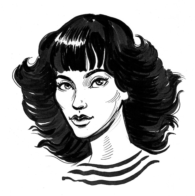 Beautiful brunette woman. Ink black and white drawing