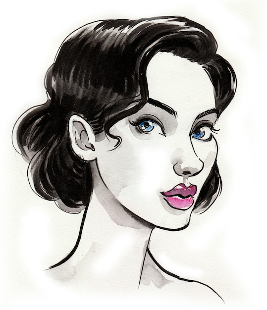 美しいブルネットの女性。インクと水彩画