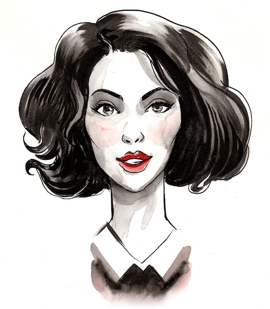 Beautiful brunette woman. Ink and watercolor drawing