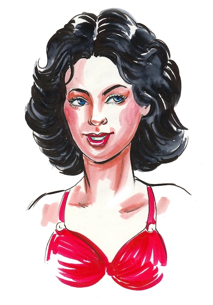 美しいブルネットの女性。インクと水彩画