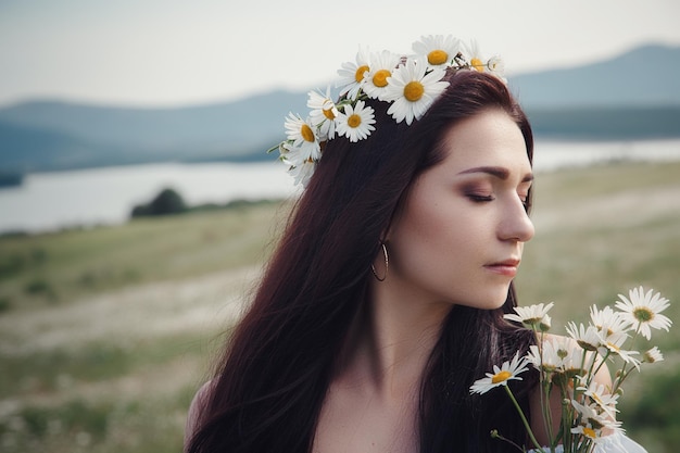 Beautiful brunette woman is enjoying spring in a field of daisies