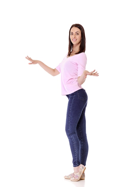 Beautiful brunette woman in pink tshirt