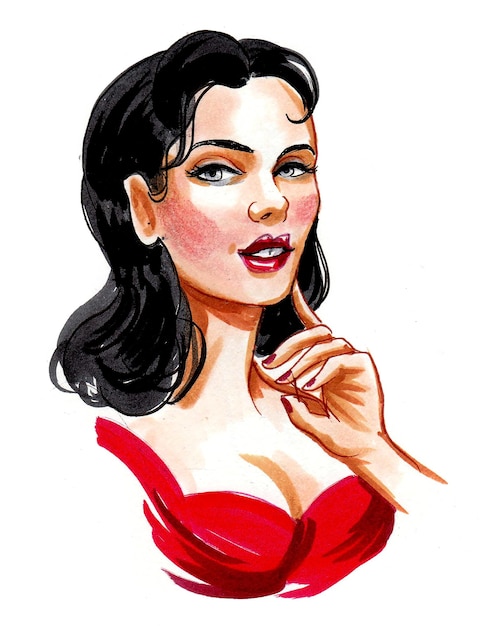 Beautiful brunette woman in red dress. Ink and watercolor drawing