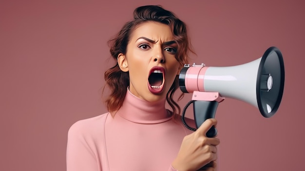 Beautiful brunette woman sale promotion with megaphone isolated on pink background AI generated