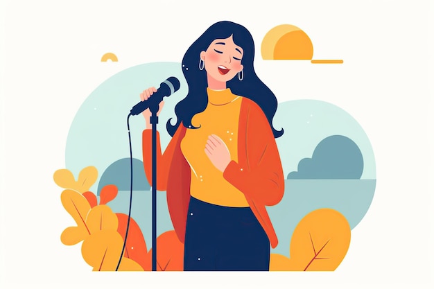 Beautiful brunette woman singing to microphone AI Generated