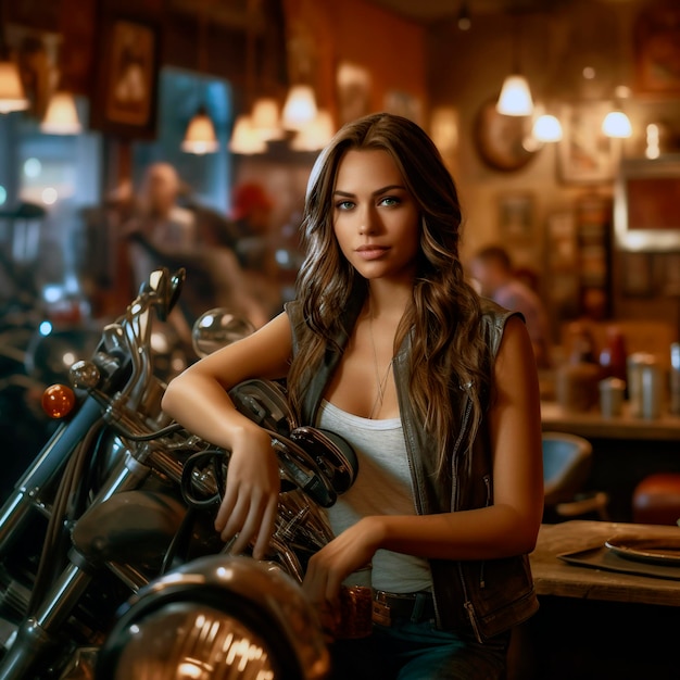 Beautiful brunette woman sitting at a bar counter