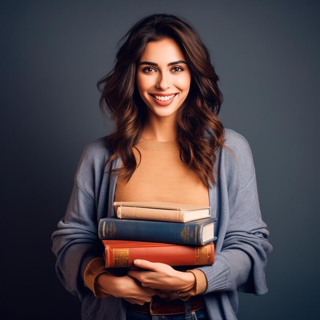 Beautiful brunette woman wearing casual clothes and smiling at camera holding books