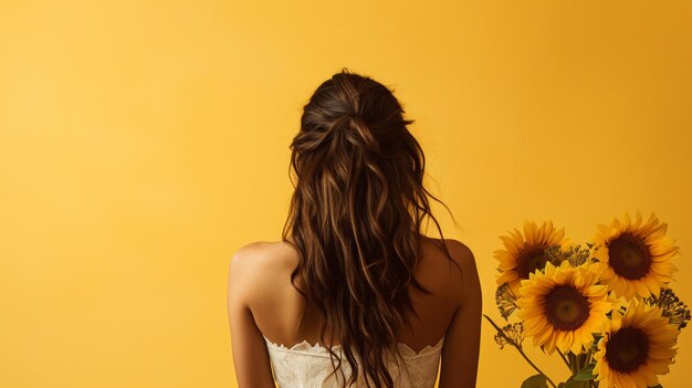 beautiful brunette woman with a bouquet of yellow sunflowers in her hands