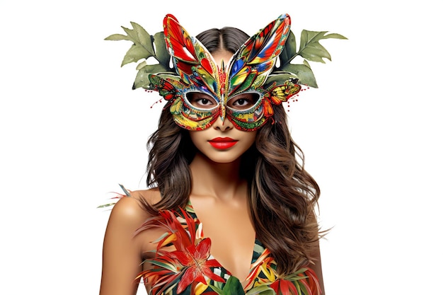 Beautiful brunette woman with carnival mask on white background