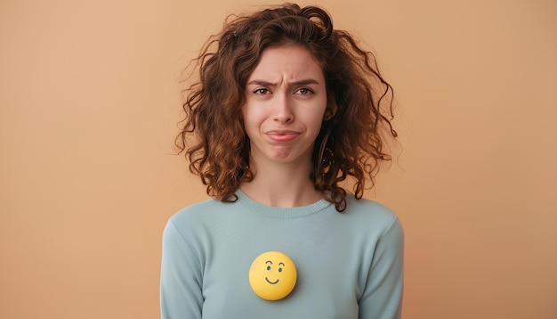 Foto bella giovane bruna con il viso triste espressione triste emozione triste disperazione tristezza