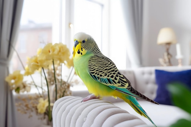 Beautiful budgerigar on sofa in room Pet animal