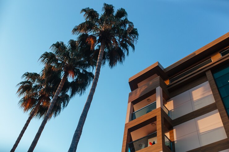 Photo beautiful building and palm trees against the sky