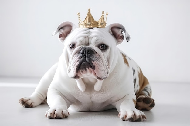 Beautiful Bulldog Dog In Gold Crown On White Background Generative AI