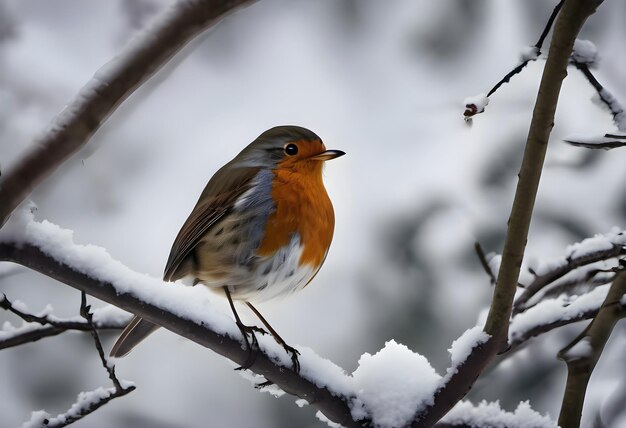 A beautiful bullfinch bird sits on a snowy branch in the woods in winter