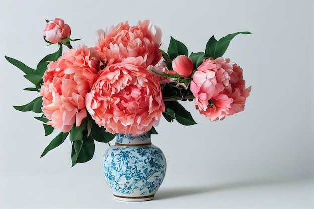 Beautiful bunch of fresh Coral Charm peonies in full bloom in vase against white background