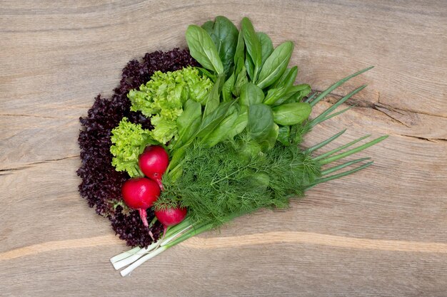 Beautiful bunch of greenery and radishes on wooden background