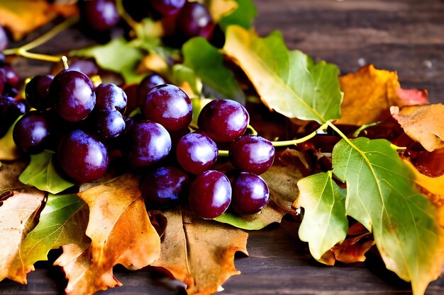 Beautiful bunch of juicy grapes with leaves on the wooden table