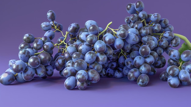 Красивый букет зрелого фиолетового винограда с пылью белого цветения сидит на твердом фиолетовом фоне