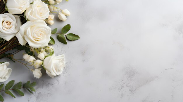 Photo beautiful a bunch of wedding flowers with place for text on a soft white marble background