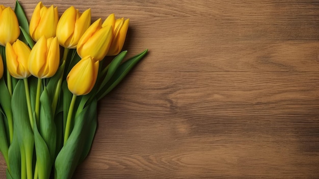 Beautiful a bunch of yellow tulips with place for text on a wooden background