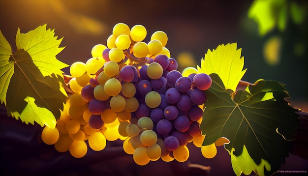 Beautiful bunches of grapes in the bright rays of sunlight