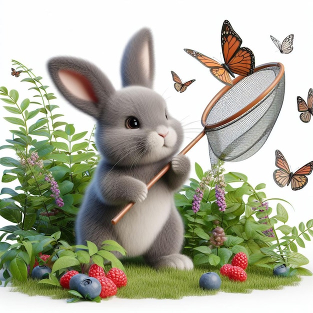 蝶を捕まえる美しいウサギ 子供のイラスト
