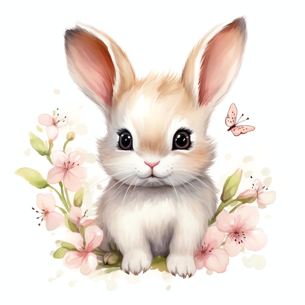 beautiful Bunny and cherry blossom mobile watercolor clipart illustration