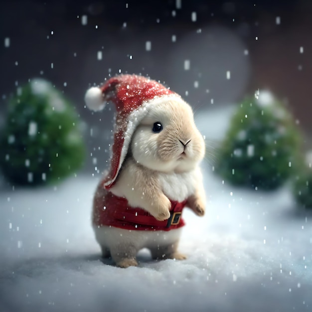 눈이 내리는 배경에서 산타클로스로 분장한 아름다운 토끼. AI가 생성