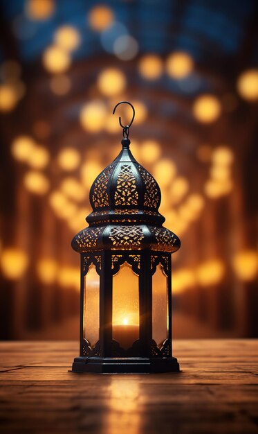 Beautiful burning arabic lantern on wooden