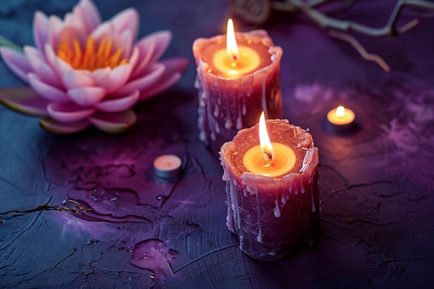 Beautiful burning candles and lotus flower on dark background closeup