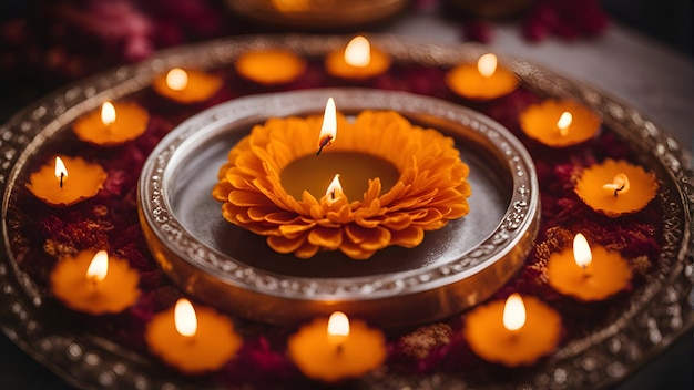 Beautiful burning diya for Diwali festival selective focus