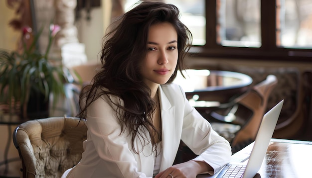 Photo beautiful business girl at table with laptop