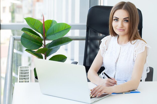 Beautiful business lady working with laptop in office