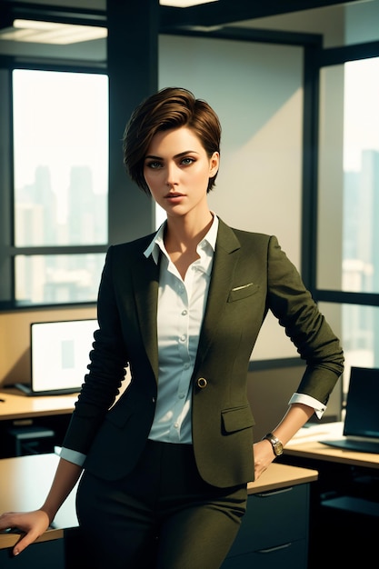 Фото Красивая бизнес-женщина в зеленом офисном костюме.