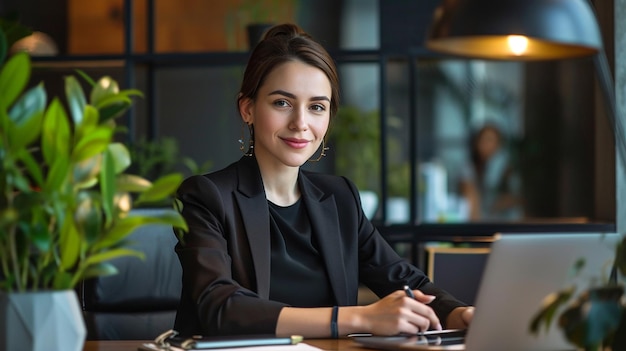 A beautiful business woman is sitting at the desk in an office