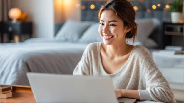 사진 아름다운 사업가 여성은 편안한 휴식 코너에서 침실에서 일하기 위해 노트북을 사용하여 미소 짓습니다.