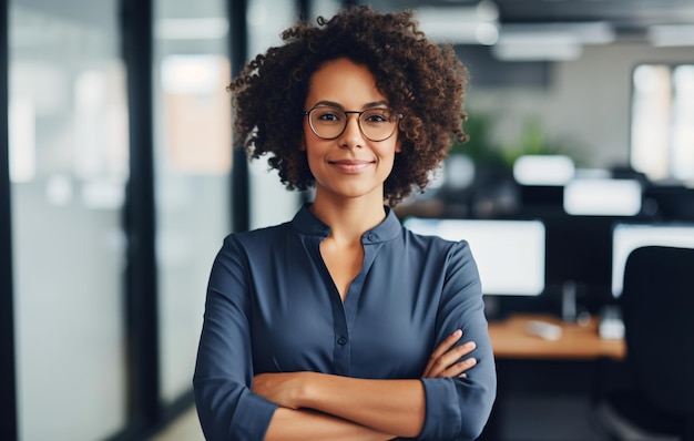 Beautiful business woman standing in office arms crossed