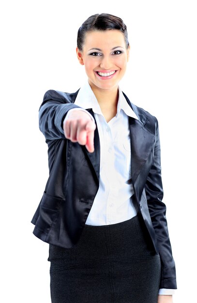 Beautiful businesswoman pointing finger. Isolated on a white background.