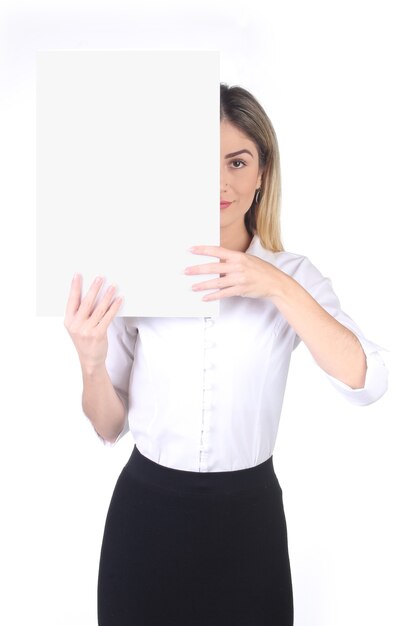 Beautiful businesswoman showing white empty paper