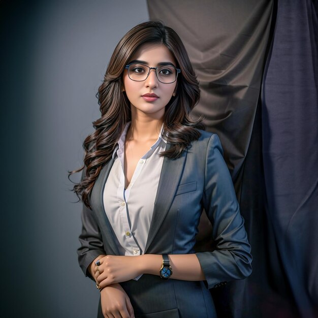 Beautiful businesswoman in suit and eyeglasses posing at studio