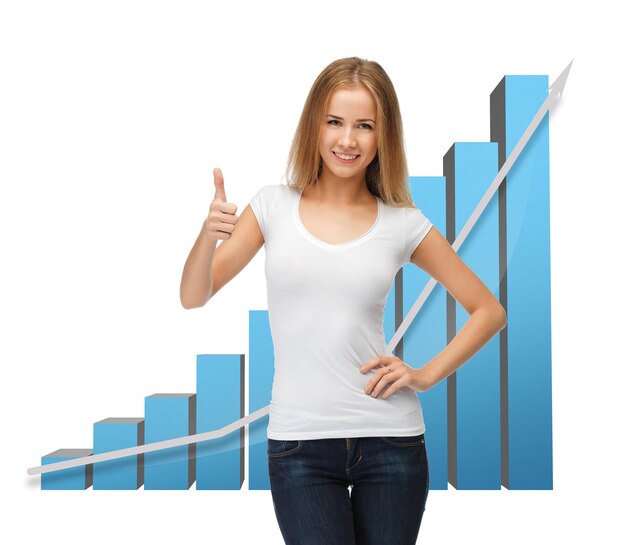 beautiful businesswoman with big 3d chart showing thumbs up