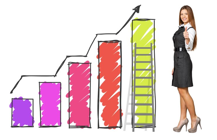 फोटो beautiful businesswoman with big 3d chart showing thumbs up