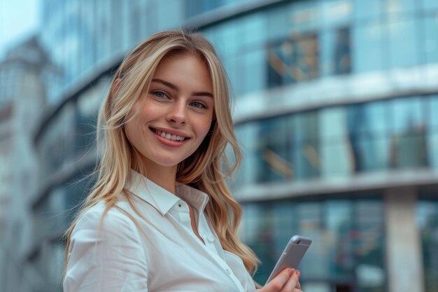 Beautiful businesswoman with cell phone in front of modern building